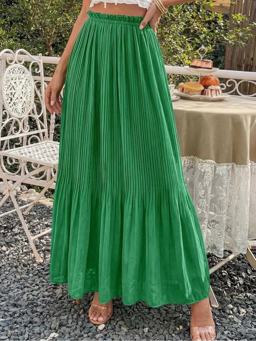Pleated Green Maxi Skirt - Elegant Women's Skirt
